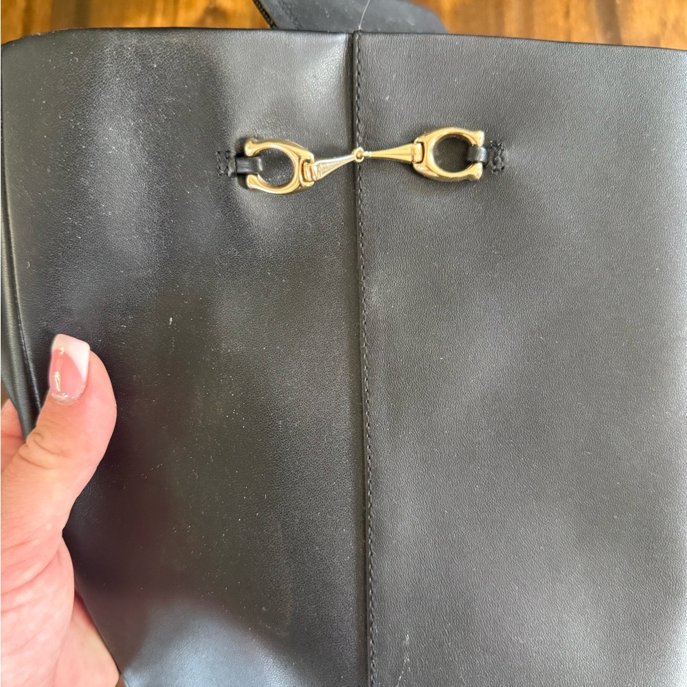 Coach Black Knee-High Heeled Boots with Gold Accent - Picture 2 of 6